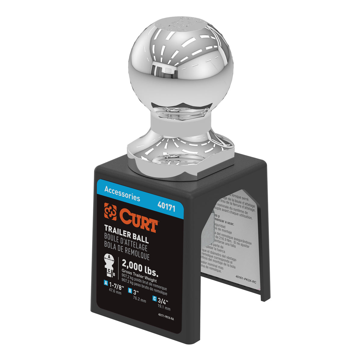 CURT 40171 Chrome Trailer Hitch Ball, 2,000 lbs, 1-7/8-Inch Diameter, 3/4 x 3-Inch Shank