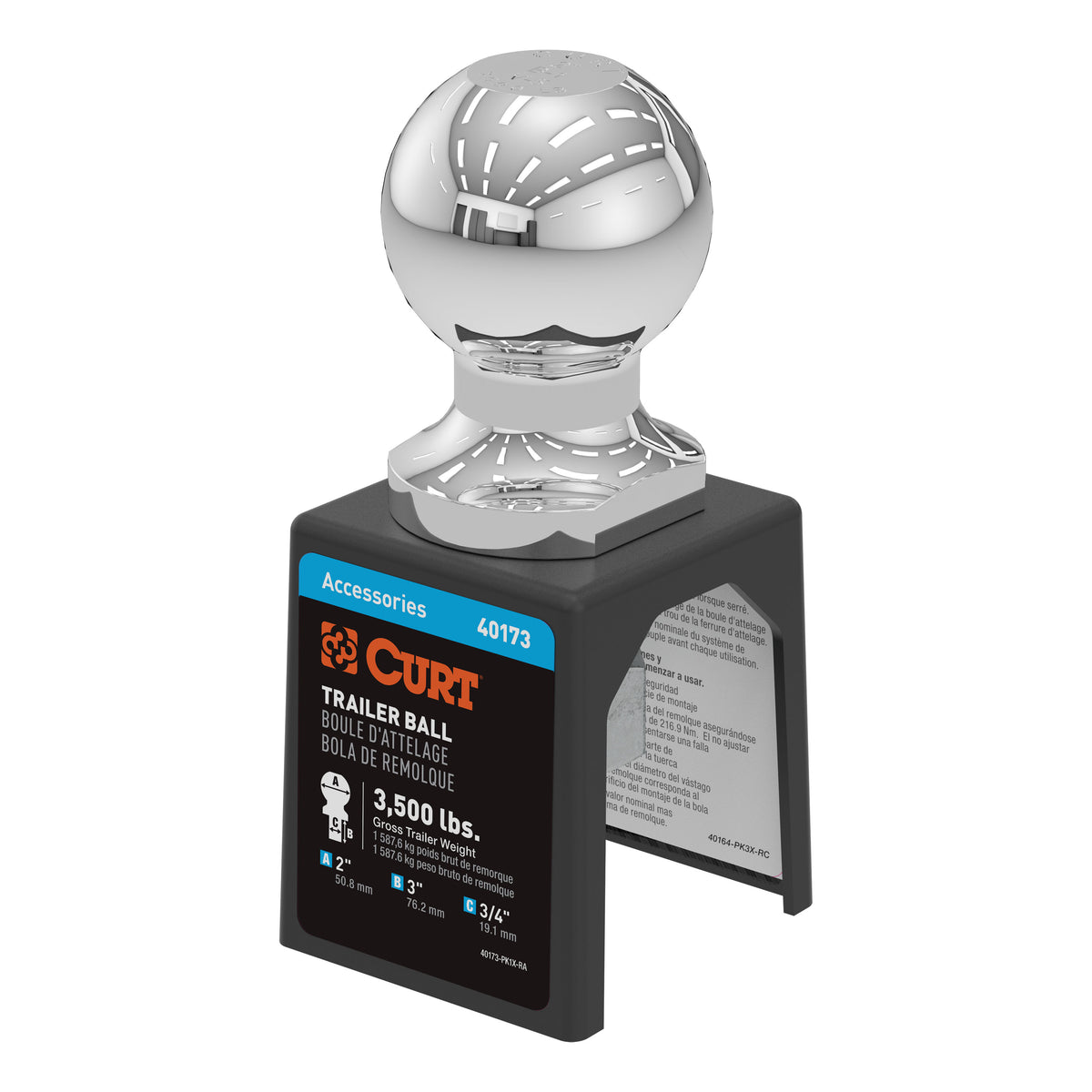 CURT 40173 Chrome Trailer Hitch Ball, 3,500 lbs, 2-Inch Diameter, 3/4 x 3-Inch Shank
