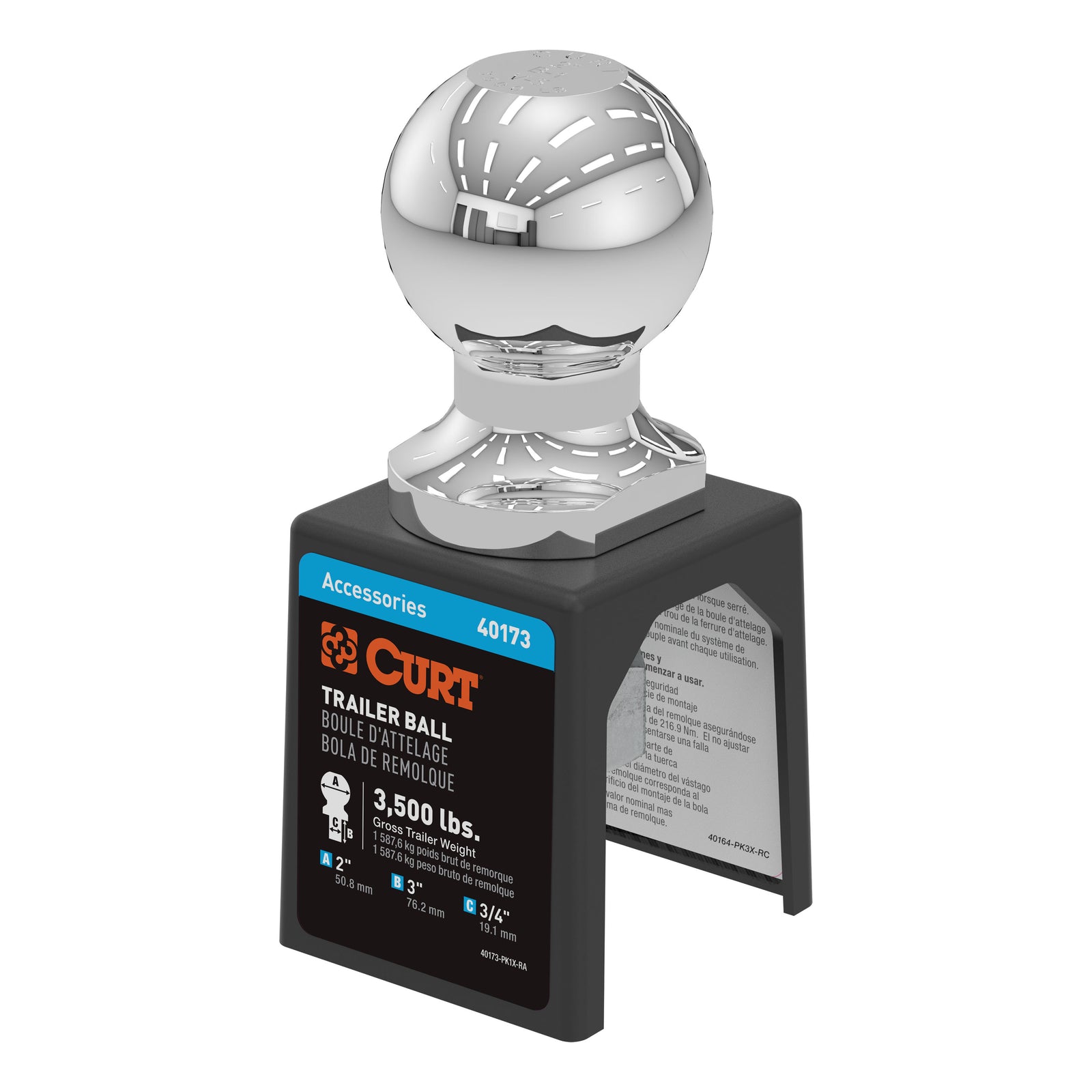 CURT 40173 Chrome Trailer Hitch Ball, 3,500 lbs, 2-Inch Diameter, 3/4 x 3-Inch Shank