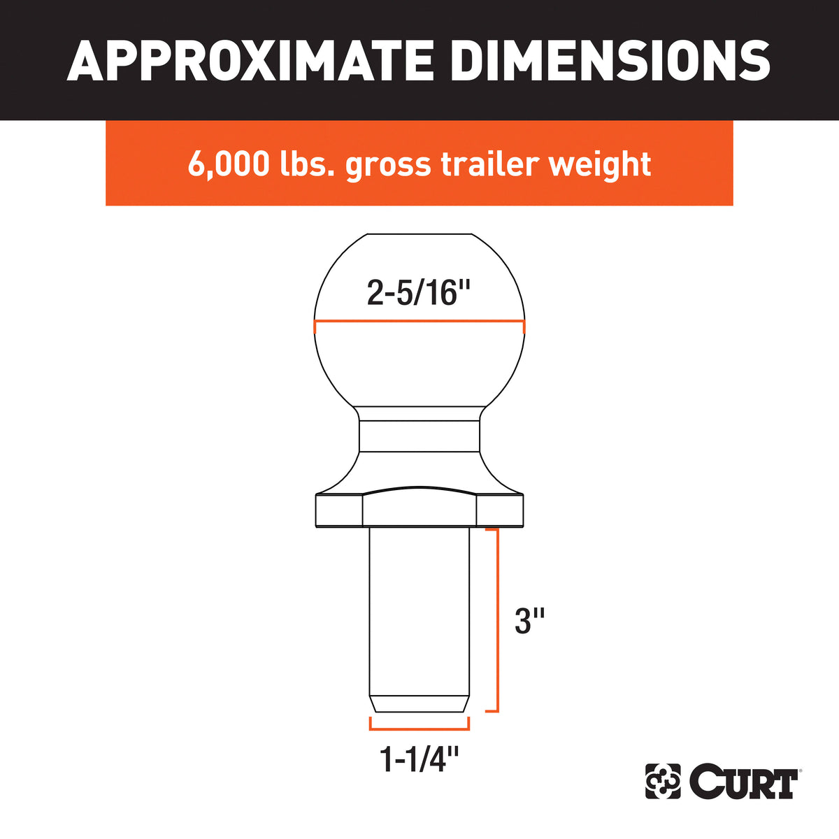 CURT 40176 Chrome Trailer Hitch Ball, 6,000 lbs, 2-5/16-Inch Diameter, 1-1/4 x 3-Inch Shank
