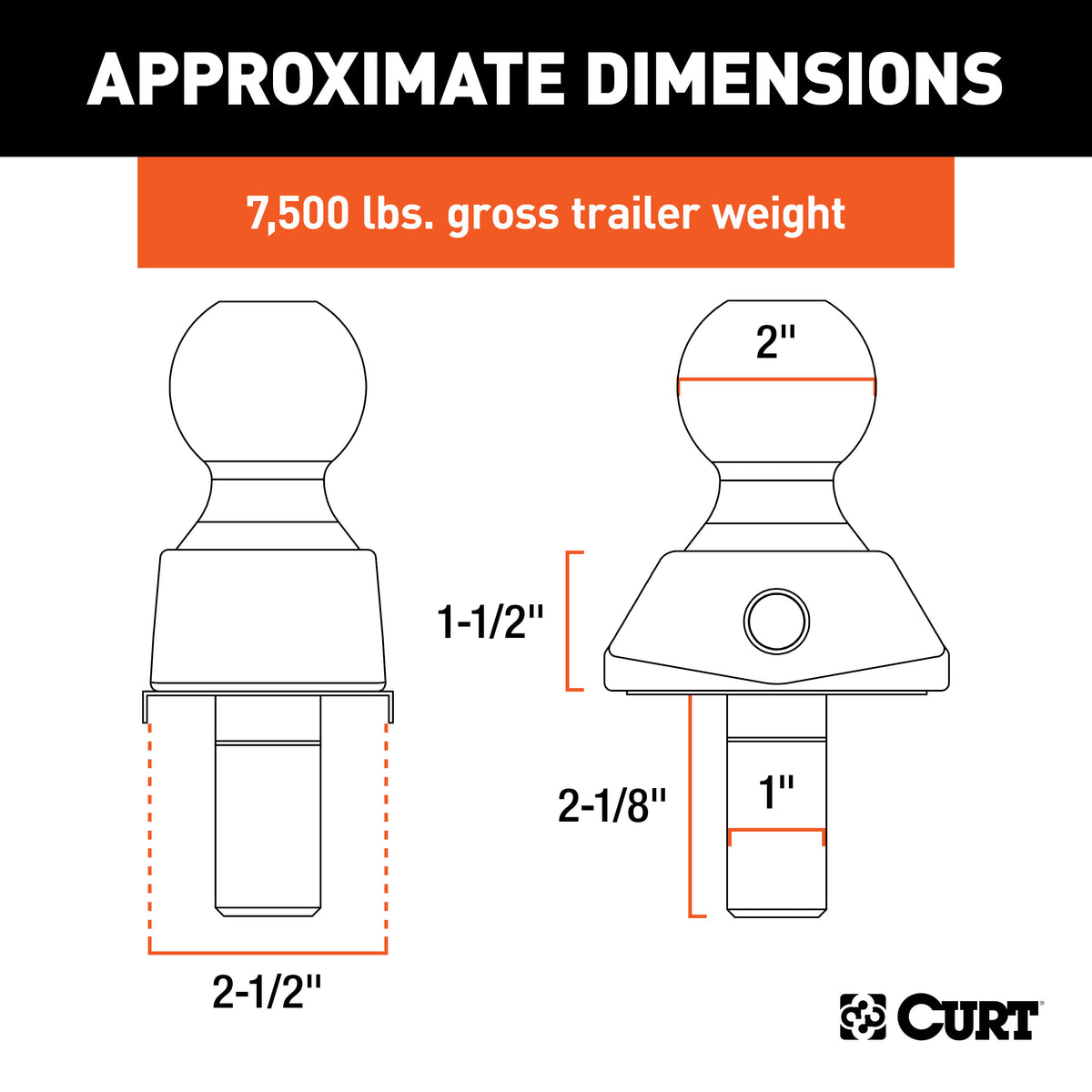 CURT 40247 RockerBall Cushion Hitch Trailer Ball 7,500 lbs, 2-Inch Diameter, 1-Inch Shank