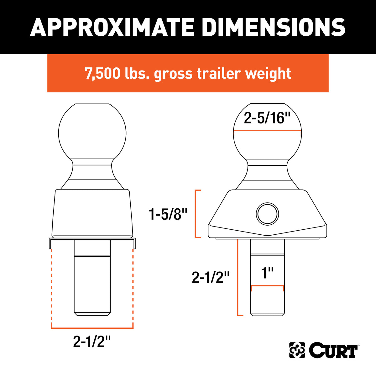 CURT 40248 RockerBall Cushion Hitch Trailer Ball 7,500 lbs, 2-5/16-Inch Diameter, 1-Inch Shank