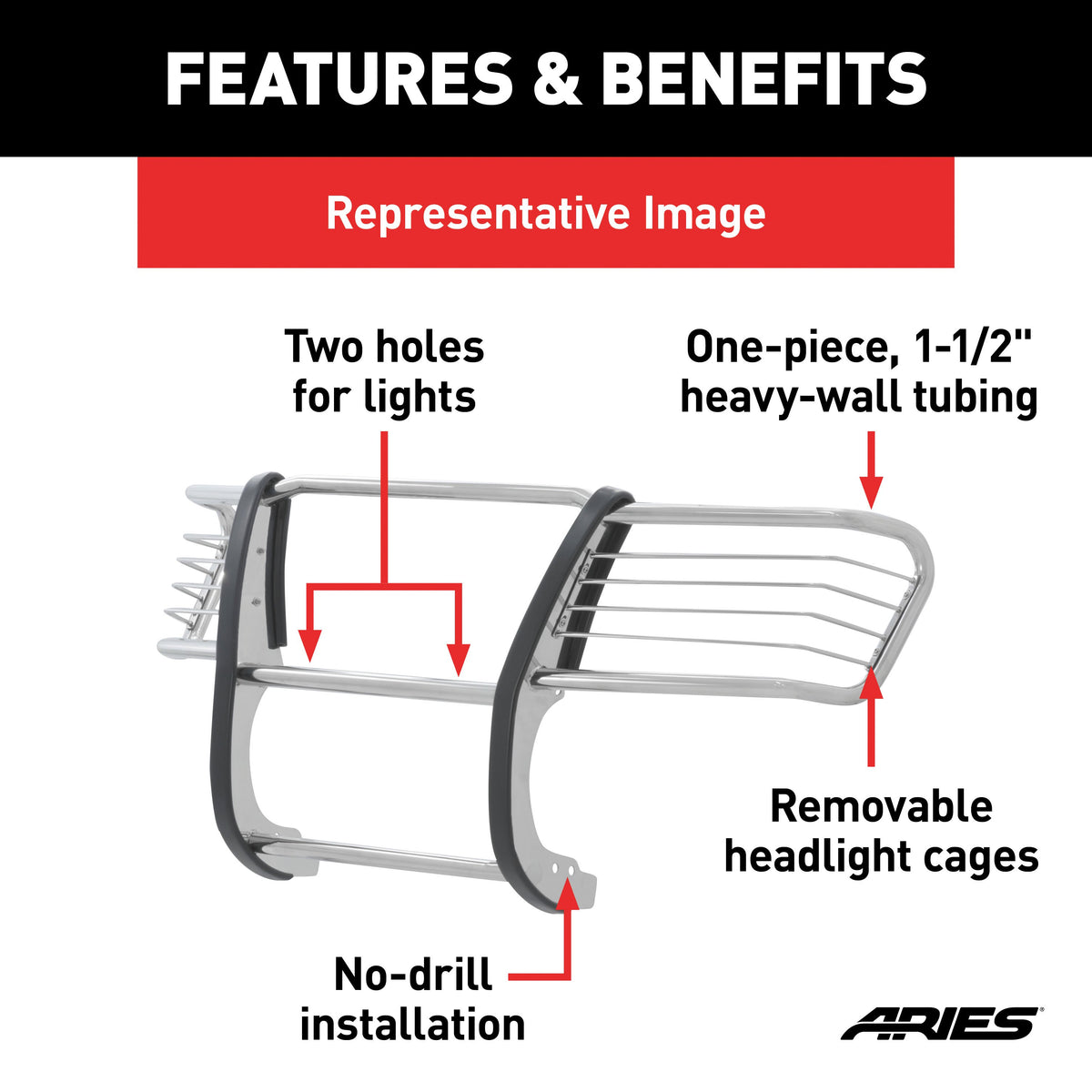 ARIES 4091-2 1-1/2-Inch Polished Stainless Steel Grille Guard, No-Drill, Select Chevrolet Silverado 1500