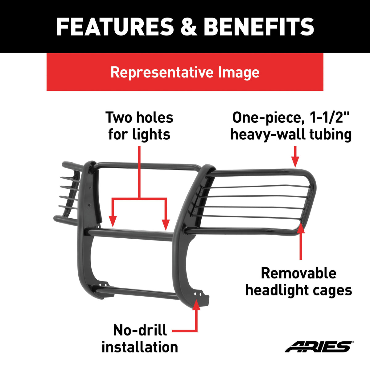 ARIES 4092 1-1/2-Inch Black Steel Grille Guard, No-Drill, Select Chevrolet Silverado 1500