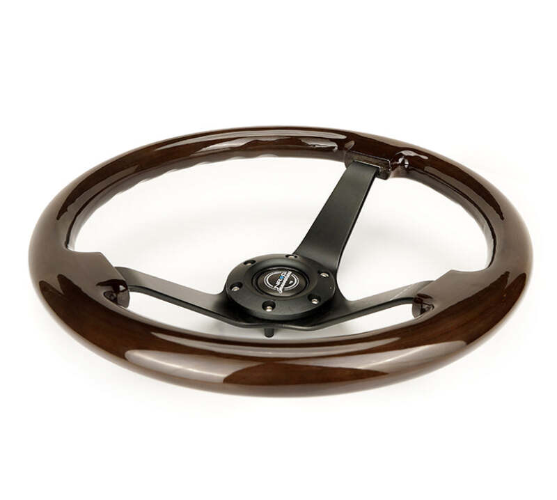 NRG Reinforced Steering Wheel (350mm) Dark Wood Grain - 3in Deep - Black 3-Spoke Center - RST-036BK-BKW - close-up view 2