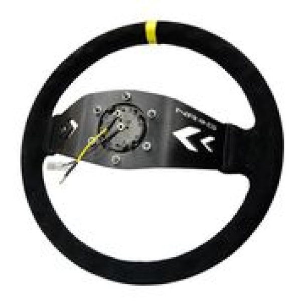 NRG Reinforced Steering Wheel (350mm / 3in. Deep) Blk Suede w/NRG Arrow Cut 2-Spoke & Yellow Mark - RST-022S-Y - front view