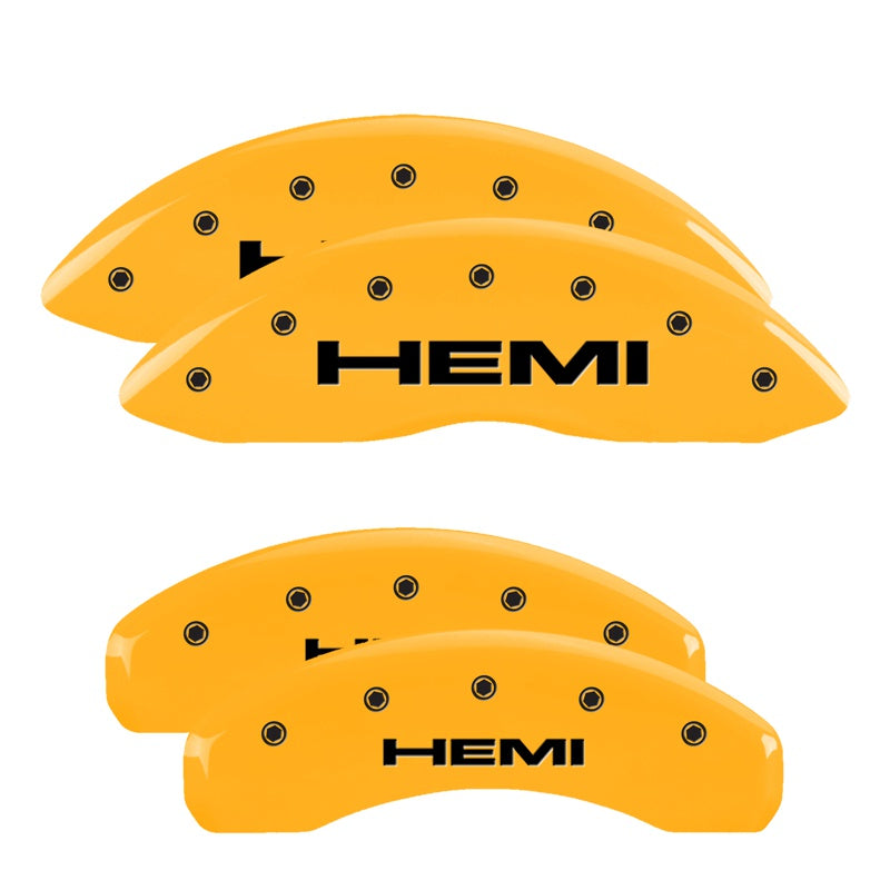 MGP 4 Caliper Covers Engraved Front &amp; Rear Hemi Yellow Finish Black Char 2006 Jeep Commander - 42002SHEMYL