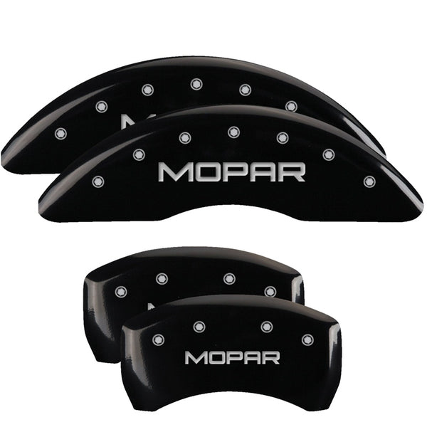 MGP 4 Caliper Covers Engraved Front &amp; Rear MOPAR Black finish silver ch - 42012SMOPBK
