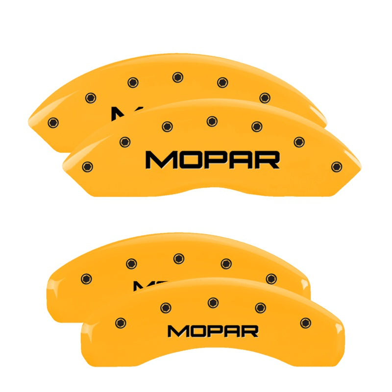 MGP 4 Caliper Covers Engraved Front &amp; Rear Mopar Yellow Finish Black Char 2004 Jeep Wrangler - 42014SMOPYL