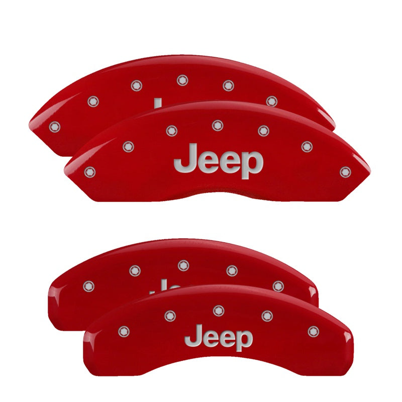 MGP 4 Caliper Covers Engraved Front &amp; Rear Jeep Red Finish Silver Char 2018 Jeep Wrangler - 42019SJEPRD