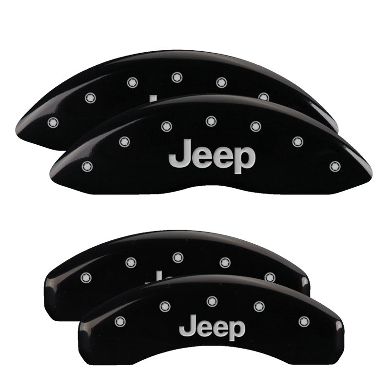 MGP 4 Caliper Covers Engraved Front &amp; Rear 11-18 Jeep Grand Cherokee Black Finish Silver Jeep Logo - 42020SJEPBK