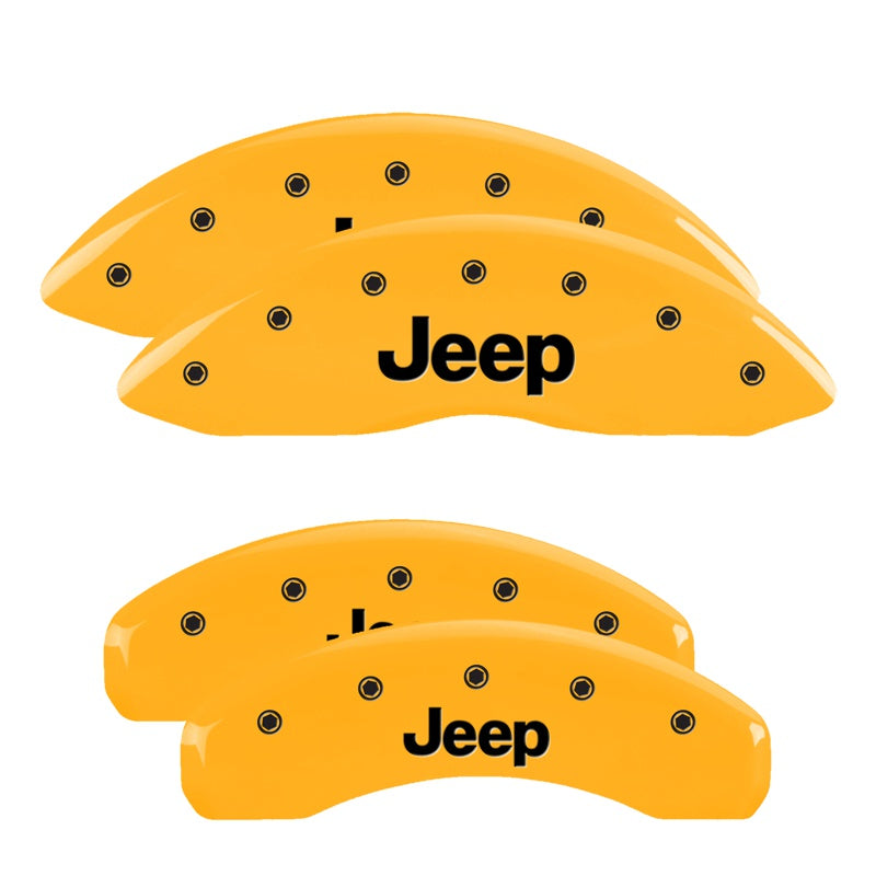 MGP 4 Caliper Covers Engraved Front &amp; Rear 11-15 Jeep Grand Cherokee Yellow Finish Black Jeep Logo - 42020SJEPYL