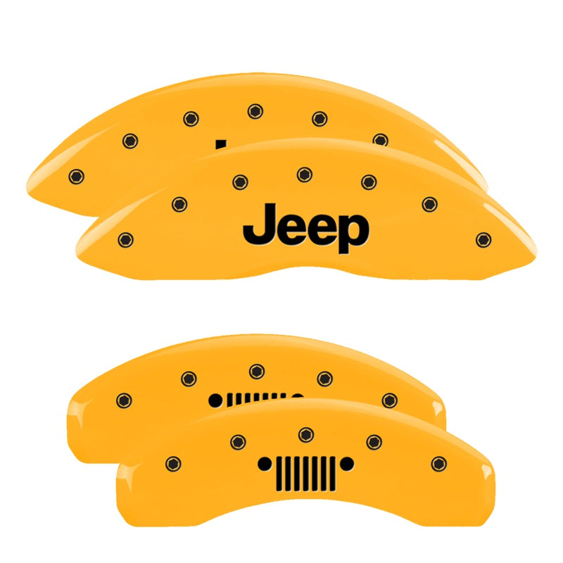MGP 4 Caliper Covers Engraved F&amp;R 11-18 Jeep Grand Cherokee Yellow Finish Black Jeep/Grill Logo - 42020SJPLYL