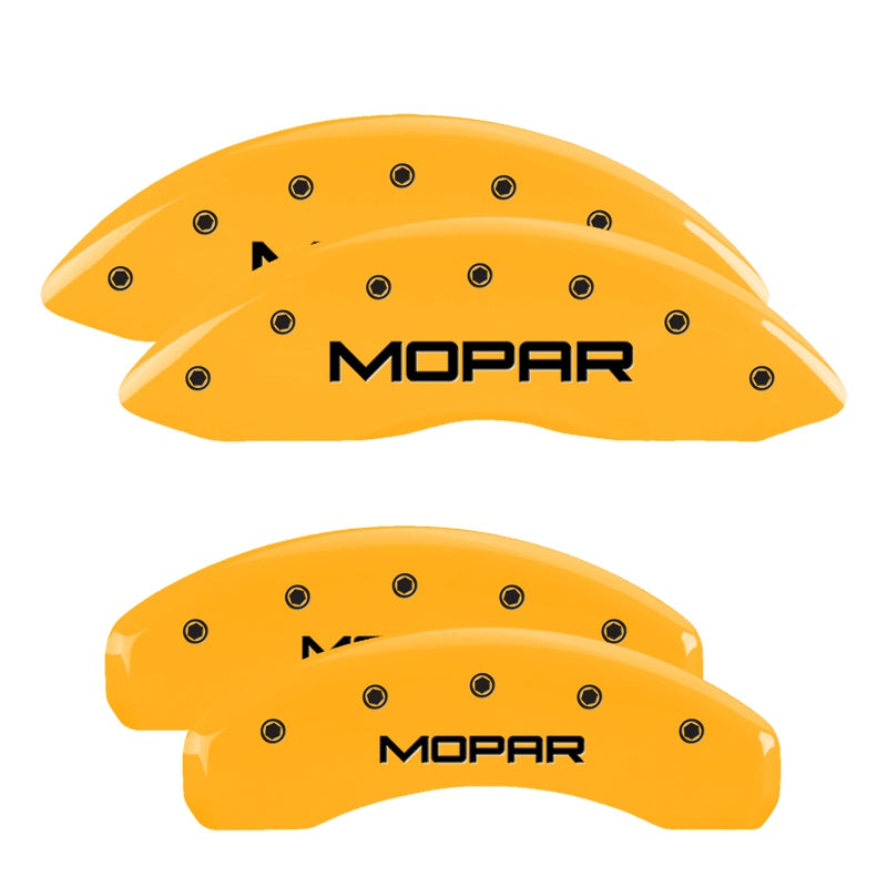 MGP 4 Caliper Covers Engraved Front &amp; Rear 11-18 Jeep Grand Cherokee Yellow Finish Black Mopar Logo - 42020SMOPYL