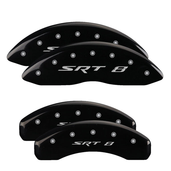 MGP 4 Caliper Covers Engraved Front &amp; Rear 11-18 Jeep Grand Cherokee Black Finish Silver SRT-8 Logo - 42020SSR8BK