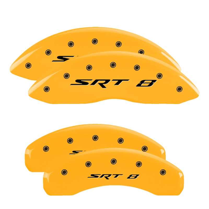 MGP 4 Caliper Covers Engraved Front &amp; Rear 11-18 Jeep Grand Cherokee Yellow Finish Black SRT-8 Logo - 42020SSR8YL