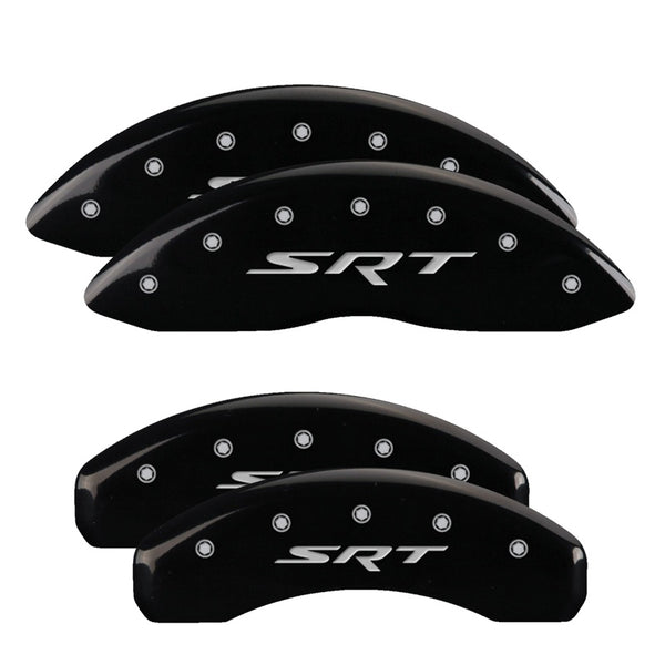 MGP 4 Caliper Covers Engraved Front &amp; Rear 11-18 Jeep Grand Cherokee Black Finish Silver SRT Logo - 42020SSRTBK