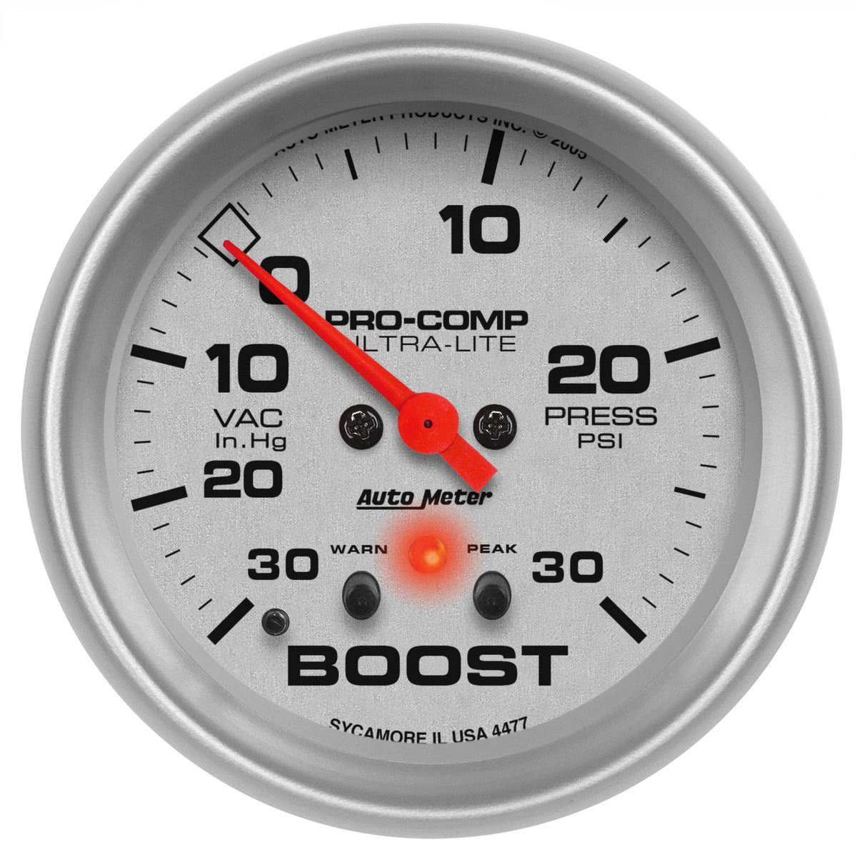 Autometer Ultra-Lite 66.7mm Full Sweep Elec 30 IN Hg/30 PSI Vacuum/Boost w/ Peak Memory & Warning - 4477