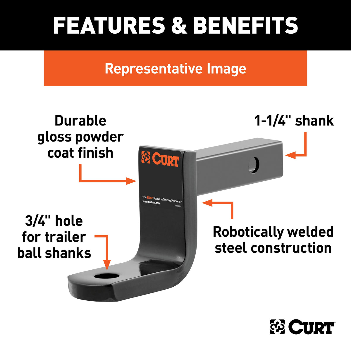 CURT 45017 Class 2 Trailer Hitch Ball Mount, Fits 1-1/4-Inch Receiver, 3,500 lbs, 3/4-Inch Hole, 3-1/4-Inch Drop, 2-5/8-Inch Rise