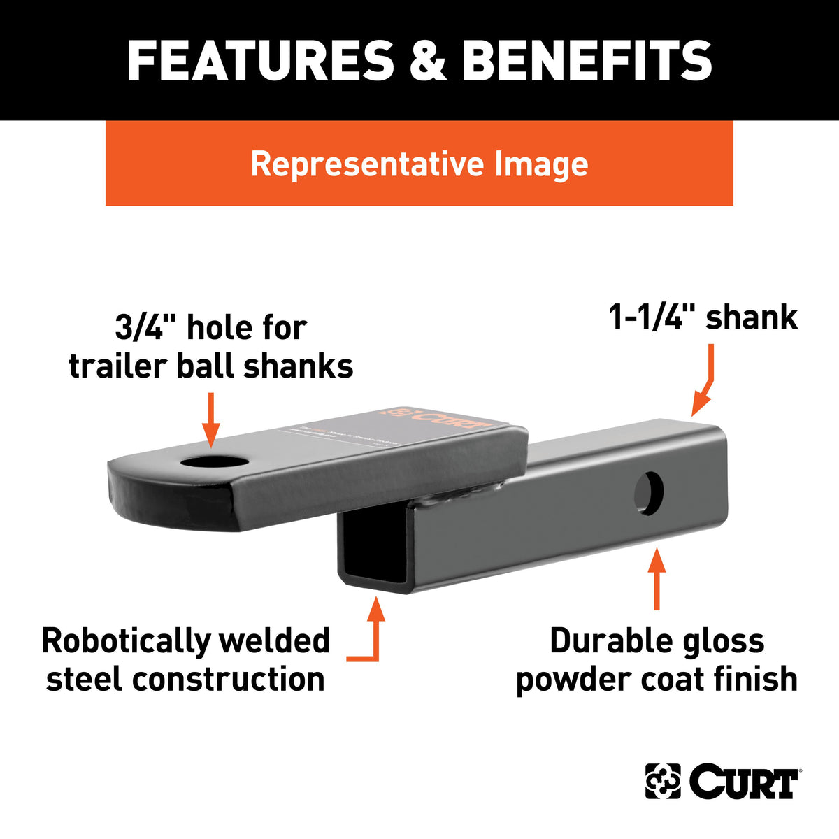 CURT 45018 Class 1 Trailer Hitch Ball Mount, Fits 1-1/4-Inch Receiver, 2,000 lbs, 3/4-Inch Hole, 1-1/4-In Drop, 5/8-Inch Rise