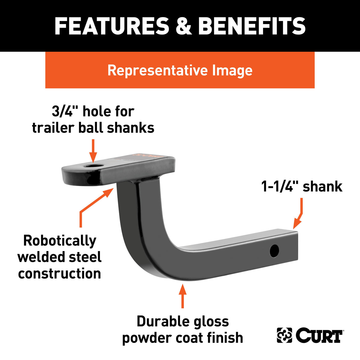 CURT 45024 Class 1 Trailer Hitch Ball Mount, Fits 1-1/4-Inch Receiver, 2,000 lbs, 3/4-Inch Hole, 5-Inch Rise