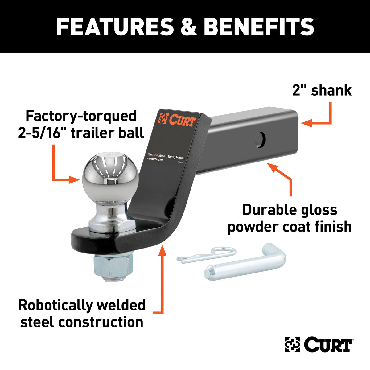CURT 45042 Trailer Hitch Mount with 2-5/16-Inch Ball & Pin, Fits 2-Inch Receiver, 7,500 lbs, 4-Inch Drop