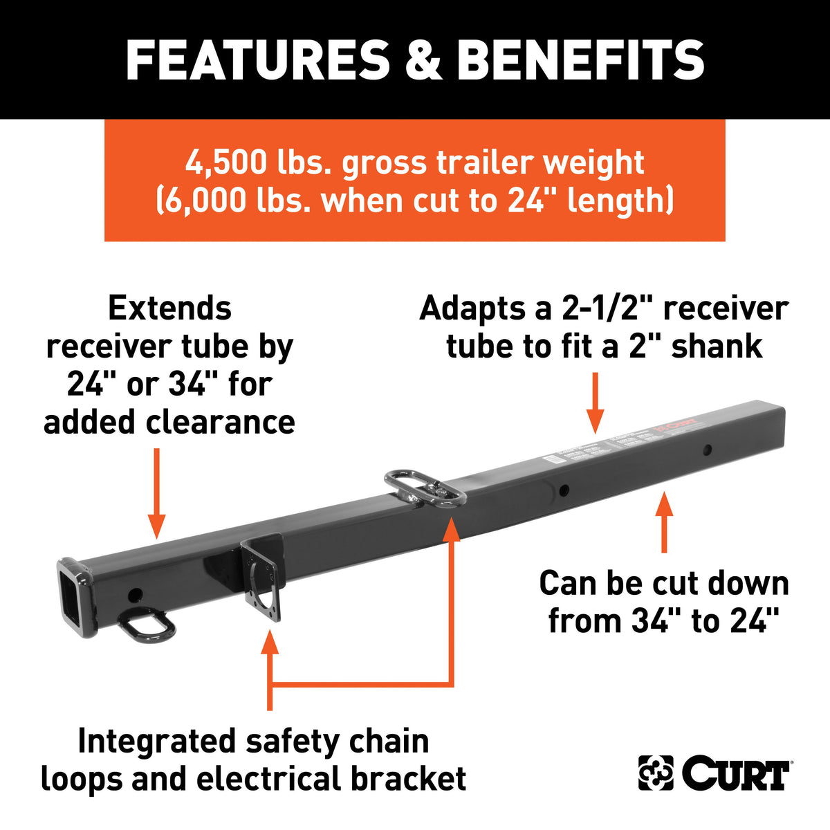 CURT 45048 Trailer Hitch Receiver Adapter Reducer, 2-1/2 to 2-Inch, 34-In Extension, 4,500 lbs