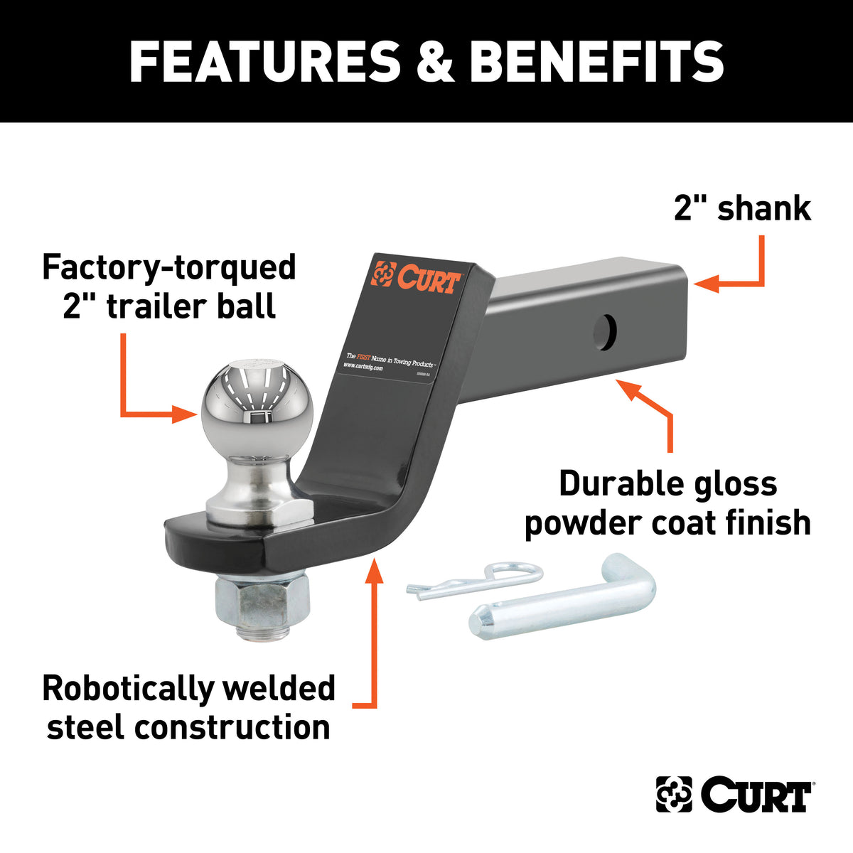 CURT 45056 Trailer Hitch Mount with 2-Inch Ball & Pin, Fits 2-In Receiver, 7,500 lbs, 4-Inch Drop