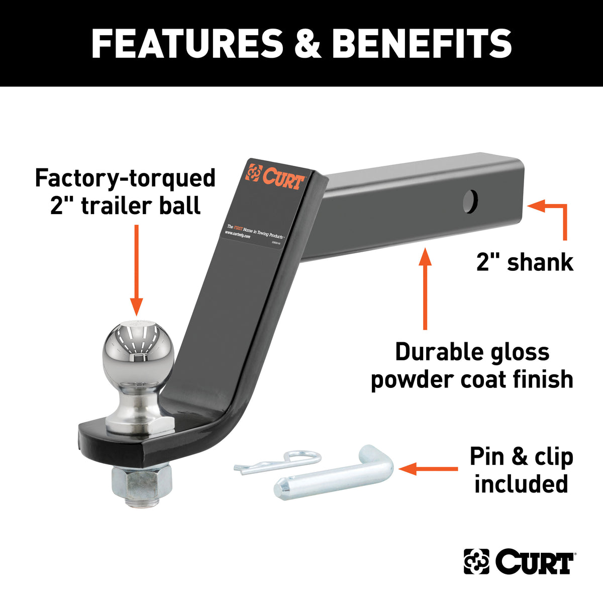 CURT 45064 Lifted Truck Trailer Hitch Mount with 2-Inch Ball & Pin, Fits 2-In Receiver, 7,500 lbs, 6-Inch Drop