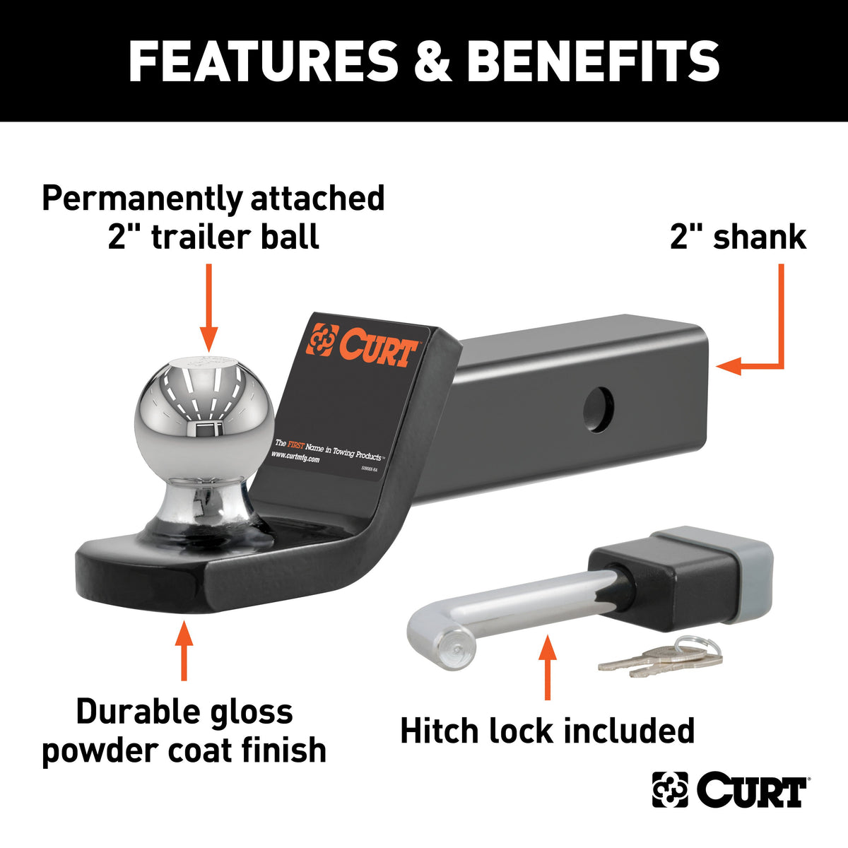 CURT 45141 Trailer Hitch Mount, 2-Inch Ball, Lock, Fits 2-In Receiver, 7,500 lbs, 2" Drop