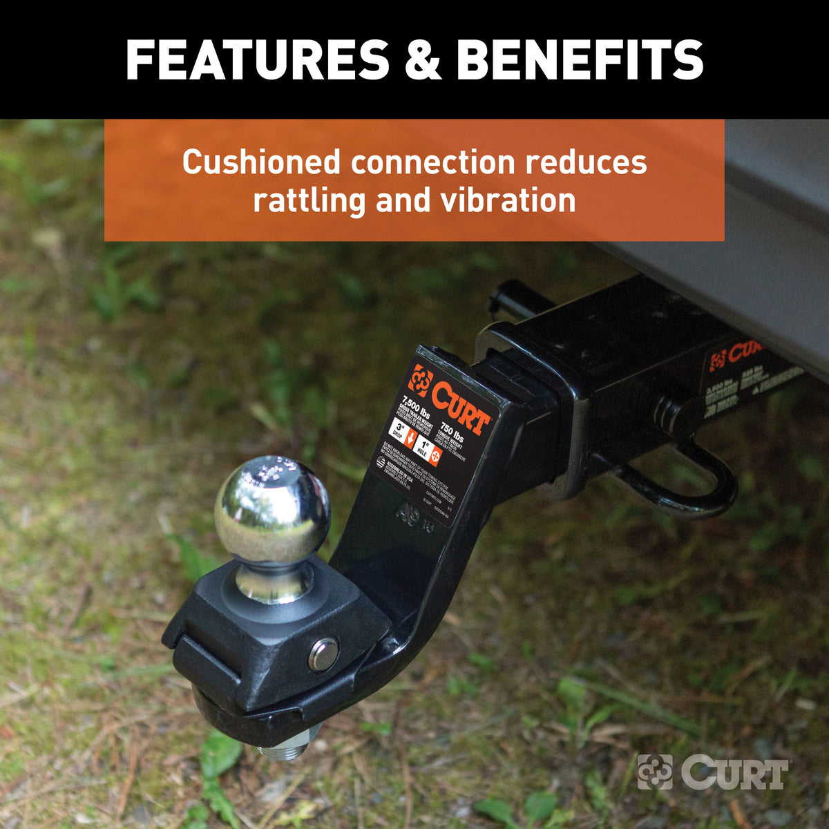 CURT 45143 RockerBall Cushion Hitch Ball Mount, 7,500 lbs 2-Inch Diameter, 2-In Shank, 3" Drop, Anti-Rattle Pin