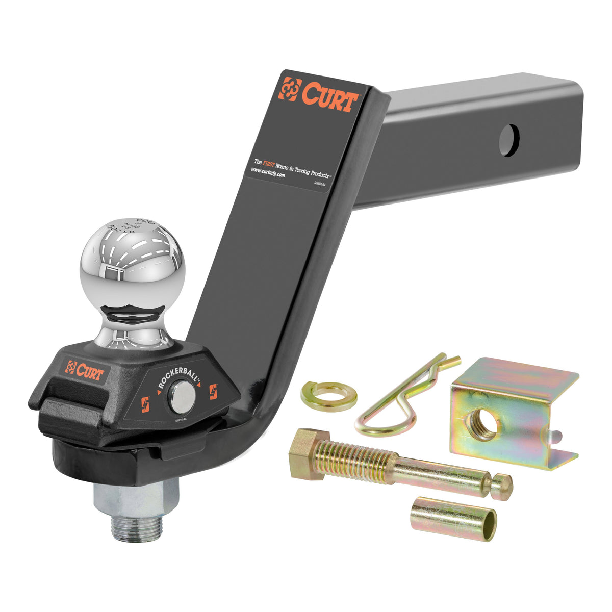 CURT 45144 RockerBall Cushion Hitch Ball Mount, 7,500 lbs 2-Inch Diameter, 2-In Shank, 5" Drop, Anti-Rattle Pin