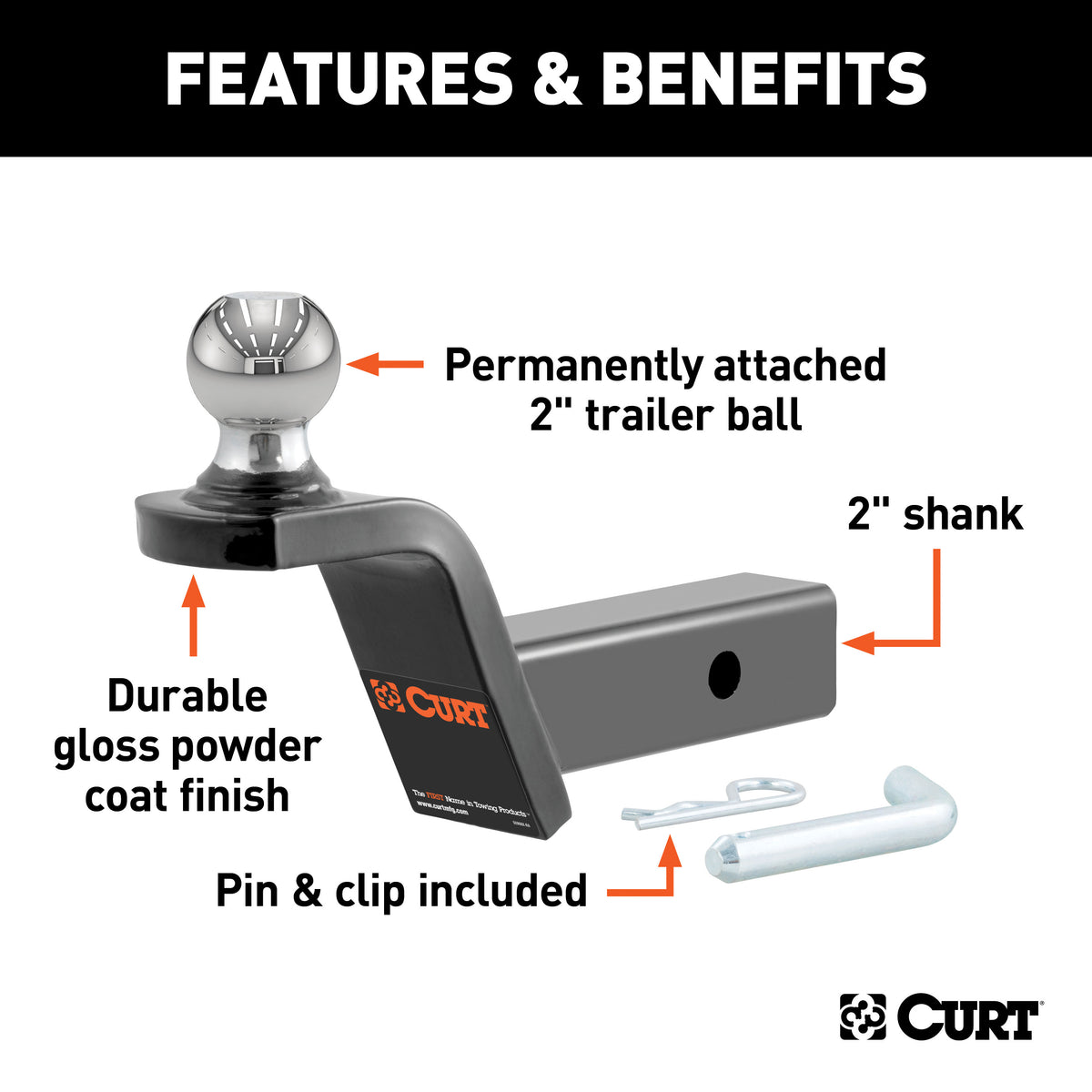 CURT 45155 Fusion Trailer Hitch Mount with 2-Inch Ball & Pin, Fits 2-In Receiver, 7,500 lbs, 2" Rise
