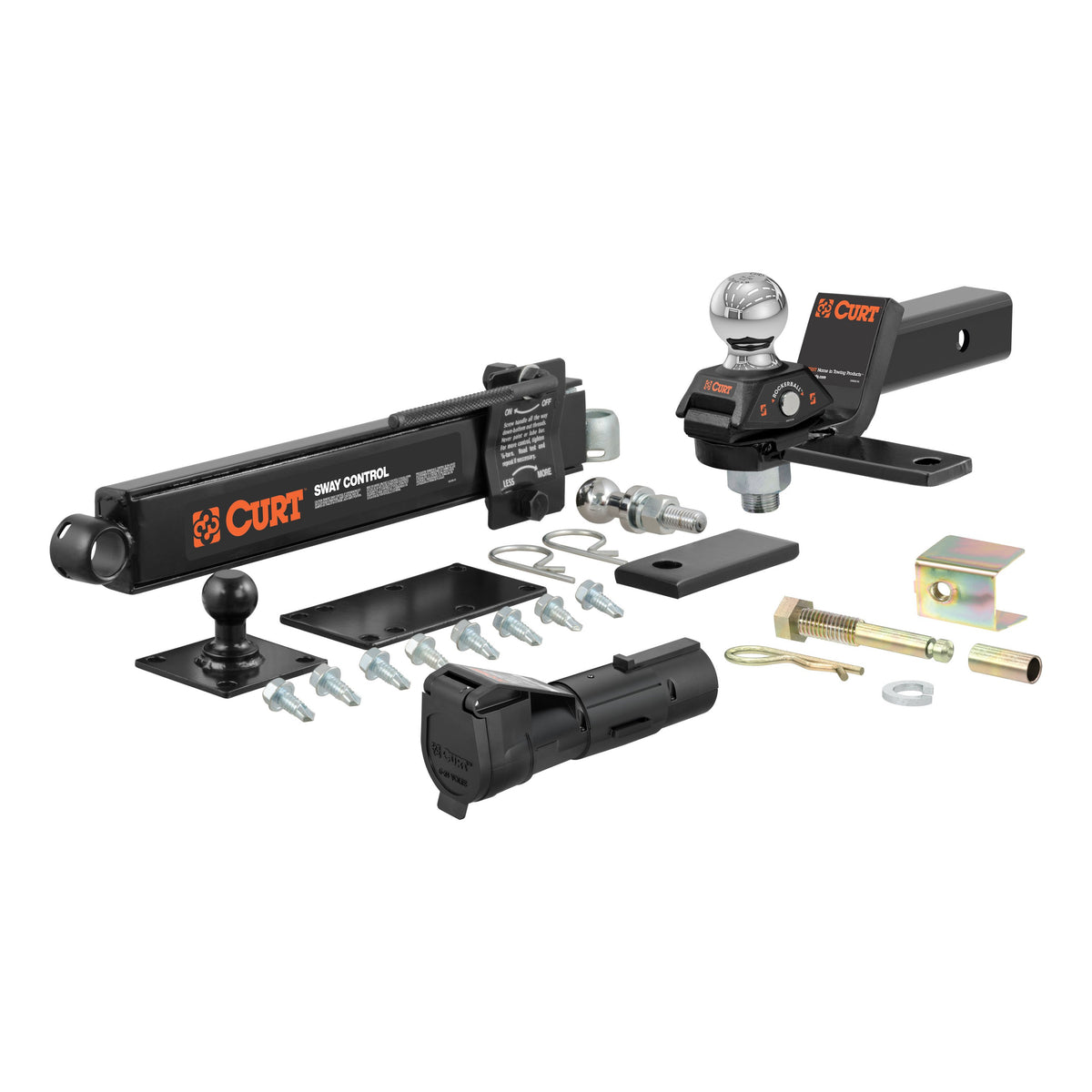 CURT 45190 RV Towing Starter Kit with RockerBall Cushion Hitch, Trailer Sway Control, Echo Mobile Brake Controller, Anti-Rattle Pin, 7,500 lbs Max