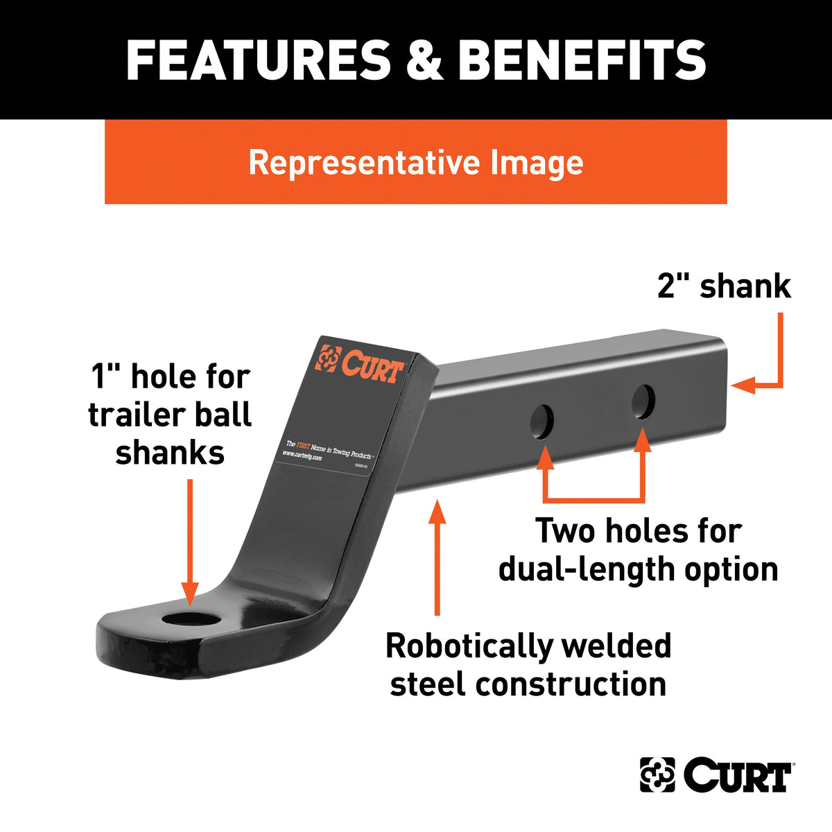 CURT 45230 Dual Length Trailer Hitch Ball Mount, 8-1/8-Inch or 11-1/8-Inch Length, Fits 2-Inch Receiver, 7,500 lbs, 1-Inch Hole, 4-Inch Drop, 2-In Rise