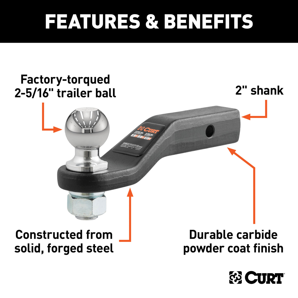CURT 45331 Trailer Hitch Mount with 2-5/16-Inch Ball, Fits 2-Inch Receiver, 15,000 lbs, 2-In Drop