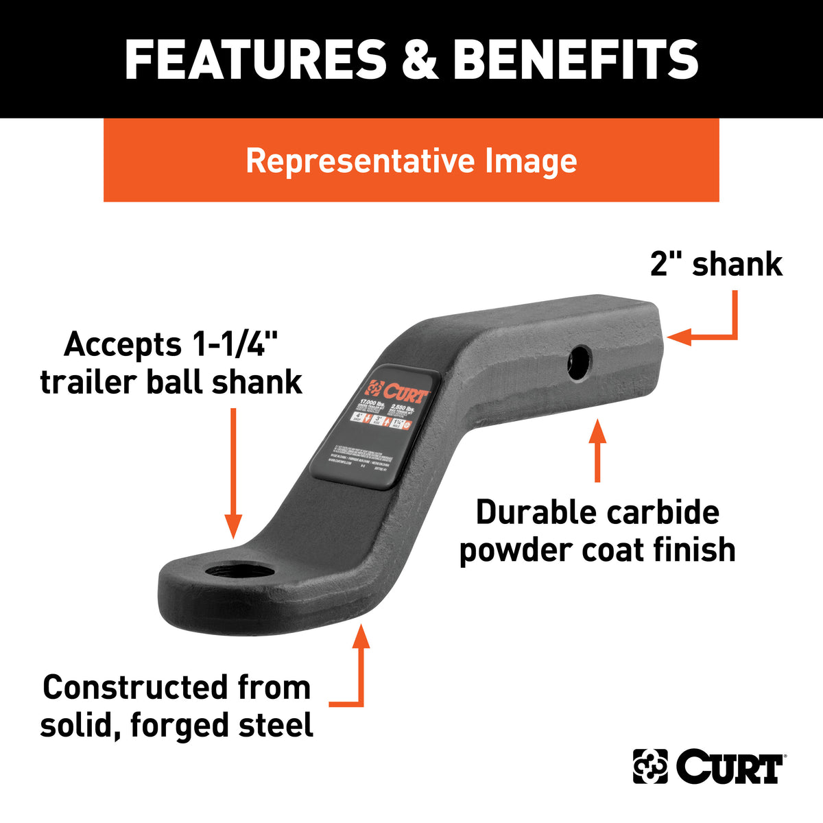 CURT 45340 Forged Trailer Hitch Ball Mount, Fits 2-Inch Receiver, 17,000 lbs, 1-1/4-Inch Hole, 2-In Drop, 1-Inch Rise