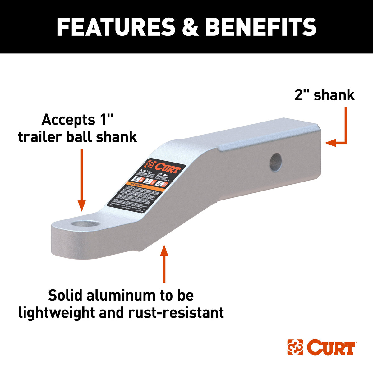 CURT 45360 Aluminum Trailer Hitch Ball Mount, Fits 2-Inch Receiver, 8,000 lbs, 1-Inch Hole, 2-In Drop, 1-In Rise