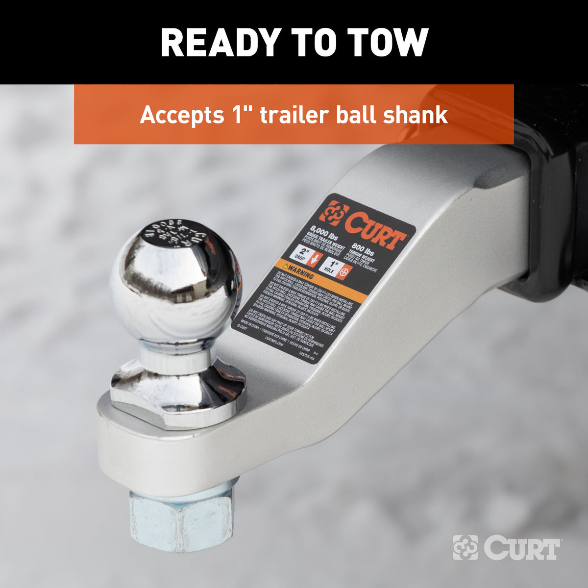 CURT 45360 Aluminum Trailer Hitch Ball Mount, Fits 2-Inch Receiver, 8,000 lbs, 1-Inch Hole, 2-In Drop, 1-In Rise