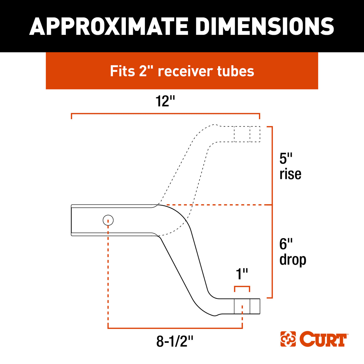CURT 45362 Aluminum Trailer Hitch Ball Mount, Fits 2-Inch Receiver, 8,000 lbs, 1-Inch Hole, 6-In Drop, 5-In Rise
