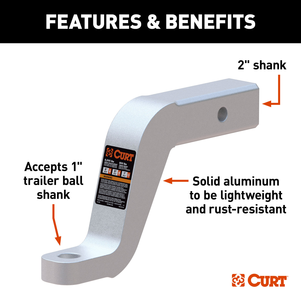 CURT 45362 Aluminum Trailer Hitch Ball Mount, Fits 2-Inch Receiver, 8,000 lbs, 1-Inch Hole, 6-In Drop, 5-In Rise