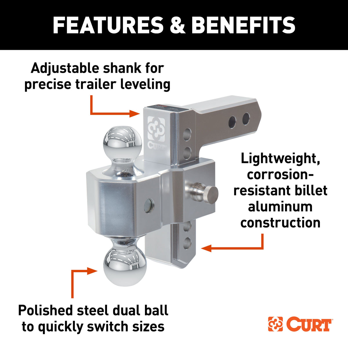CURT 45363 AlumaLite Adjustable Aluminum Trailer Hitch with Dual Ball, 5-1/2" Drop, 12,500 lbs. GTW, 2" & 2-5/16" Balls