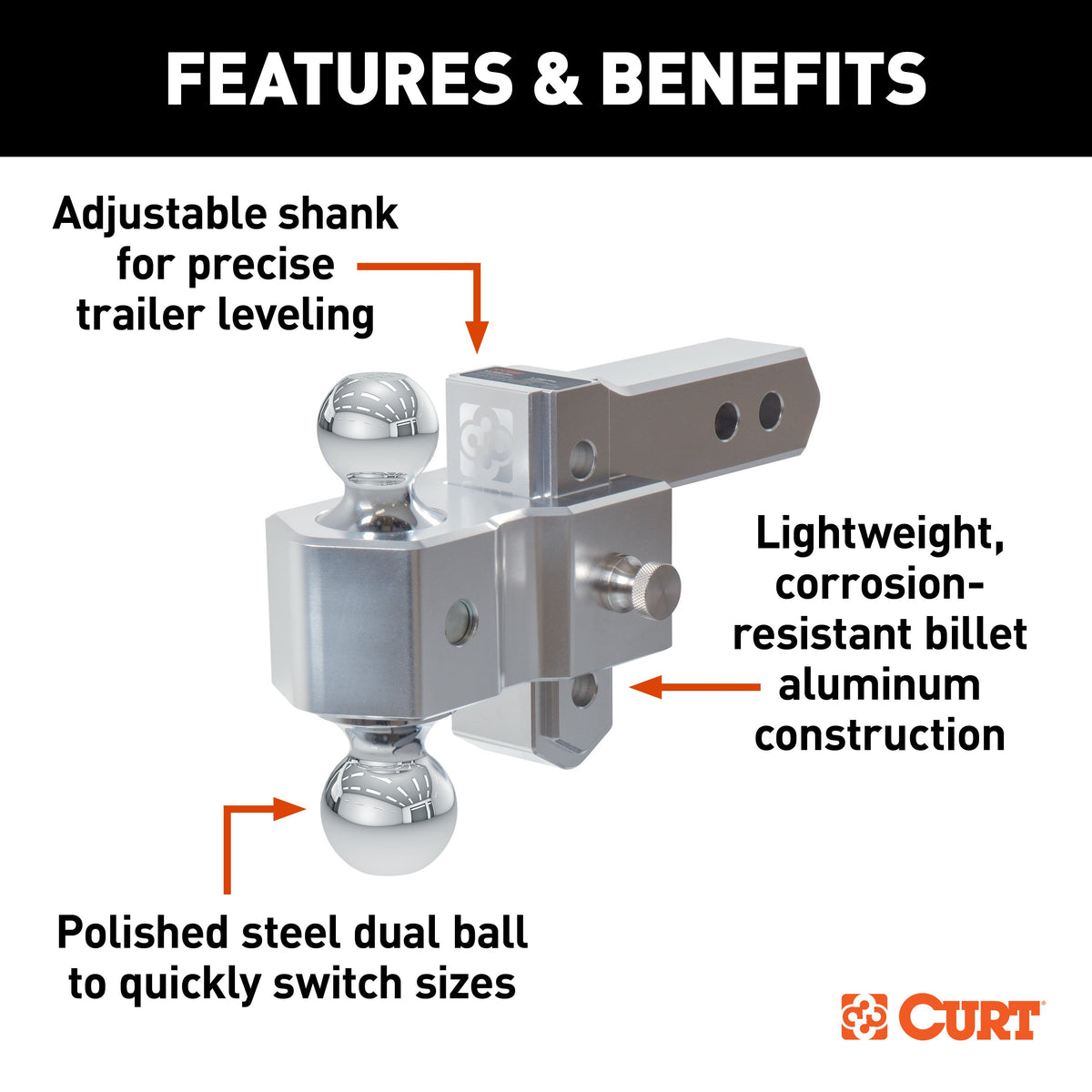 CURT 45364 AlumaLite Adjustable Aluminum Trailer Hitch with Dual Ball, 3-1/2" Drop, 12,500 lbs. GTW, 2" & 2-5/16" Balls