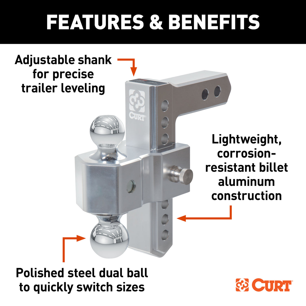 CURT 45365 AlumaLite Adjustable Aluminum Trailer Hitch with Dual Ball, 7-1/2" Drop, 12,500 lbs. GTW, 2" & 2-5/16" Balls
