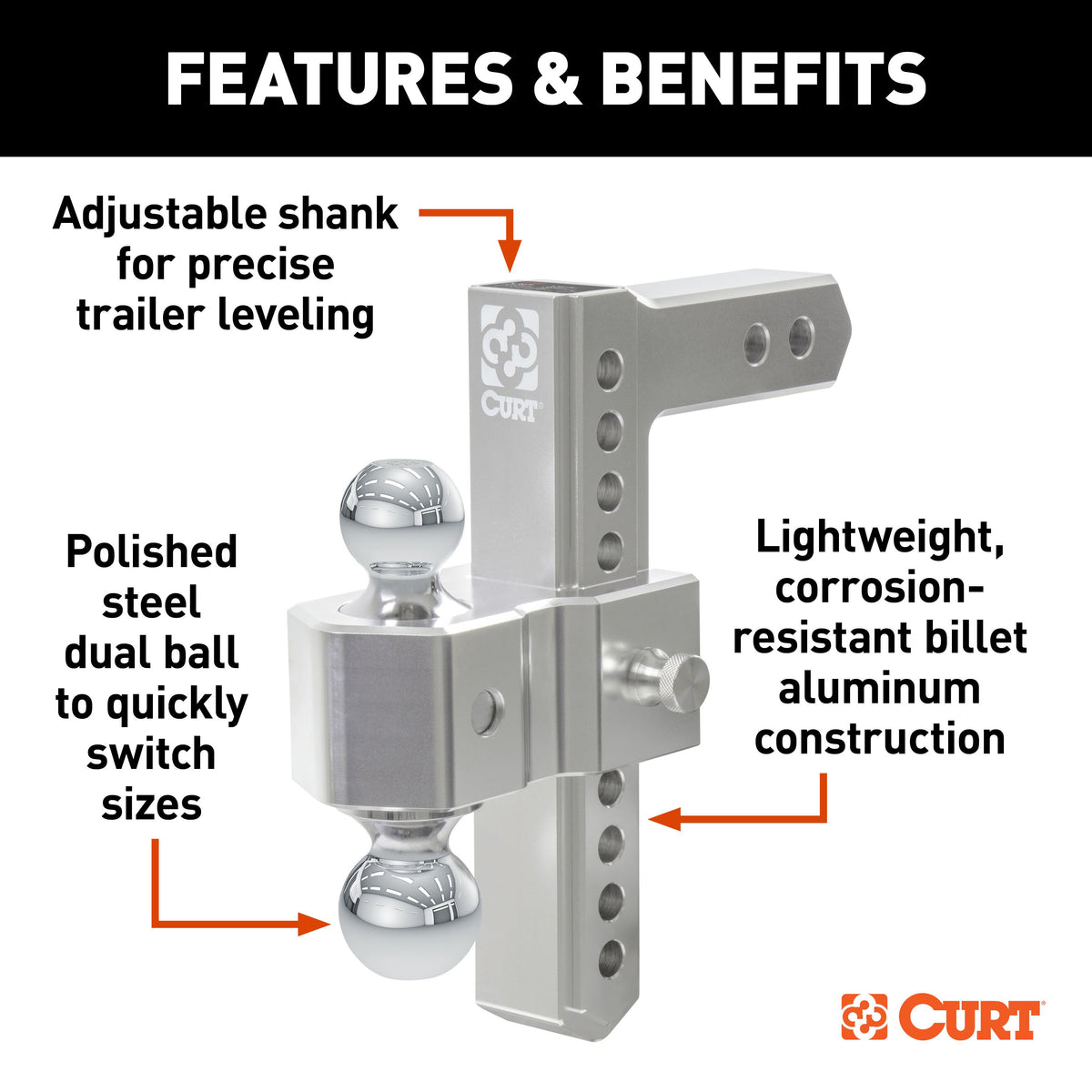 CURT 45366 AlumaLite Adjustable Aluminum Trailer Hitch with Dual Ball, 9-1/2" Drop, 10,000 lbs. GTW, 2" & 2-5/16" Balls