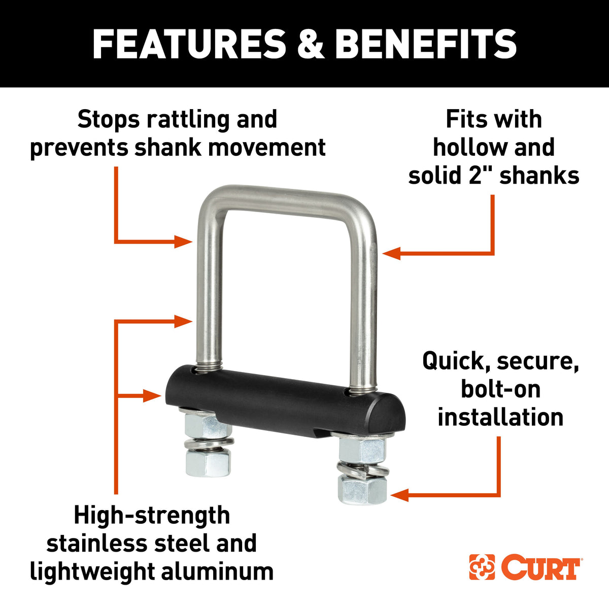 CURT Anti-Rattle Hitch Clamp Tightener for 2-Inch Receiver, Hollow or Solid Shanks, Stainless Steel - 45367