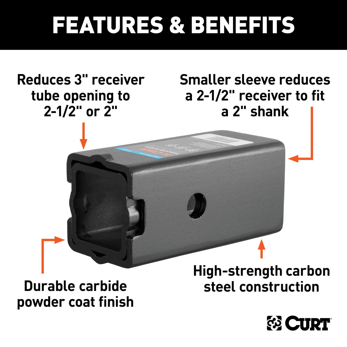 CURT 45408 Trailer Hitch Receiver Adapter Reducer Sleeve Set, 3 to 2-1/2 or 2-Inch, 2-Piece