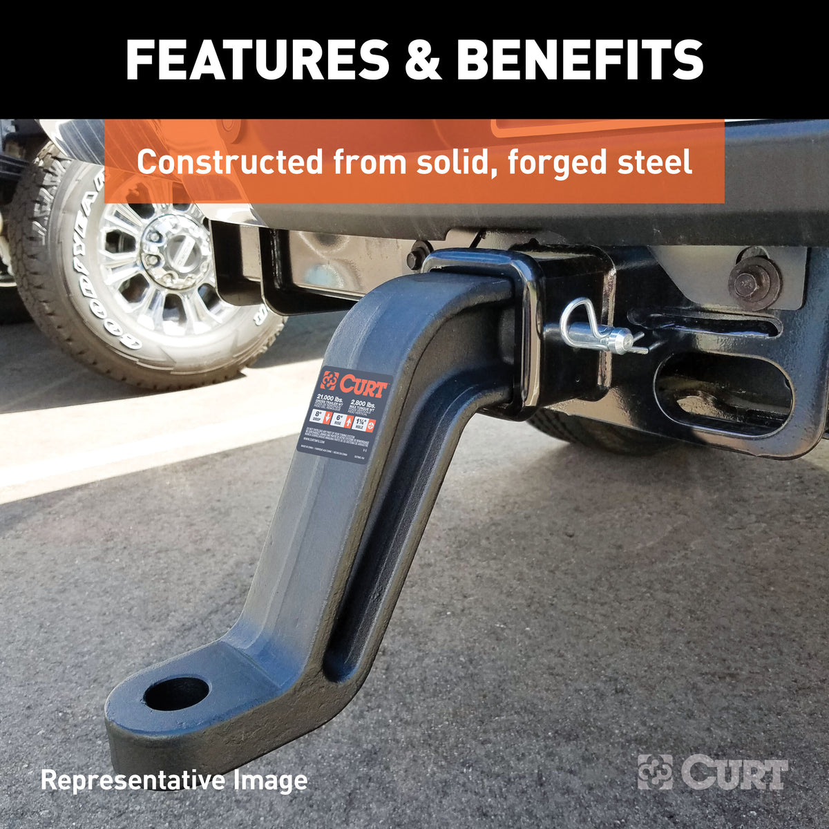 CURT 45432 Industrial Duty Forged Trailer Hitch Ball Mount, Fits 3-Inch Receiver, 21,000 lbs, 1-1/4-Inch Hole, 8-Inch Drop, 6-Inch Rise
