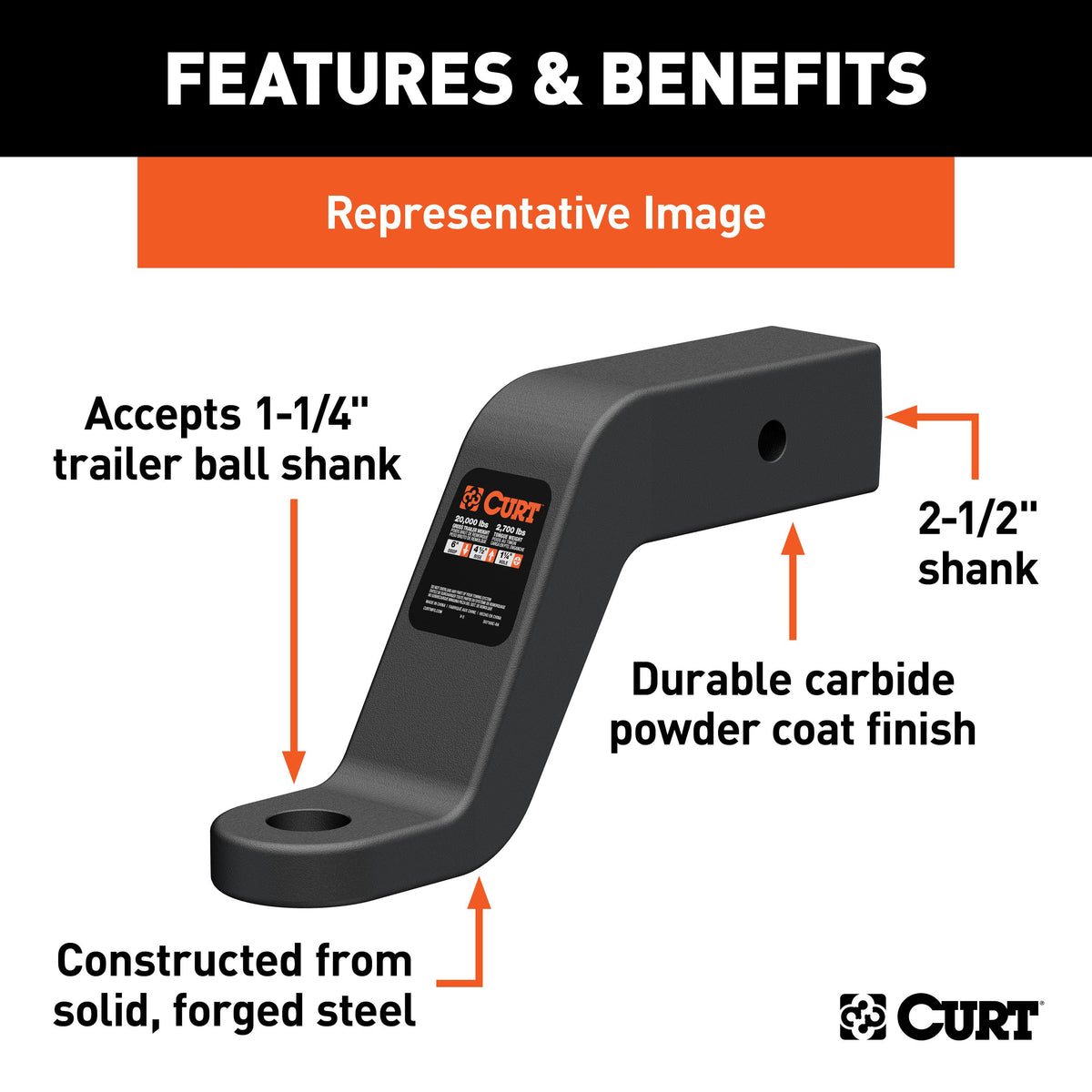 CURT 45460 Commercial Duty Forged Trailer Hitch Ball Mount, 2-1/2-Inch Receiver, 20,000 lbs, 1-1/4-Inch Hole, 8-Inch Drop