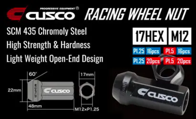 Cusco Universal Wheel Lug Nut Set M12 x P1.5mm - Black  (16pcs) - 00B 738 1516B